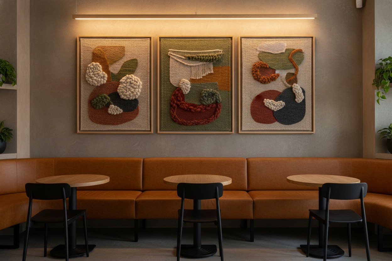 Kafe duvarında üç parçalı dokuma seri